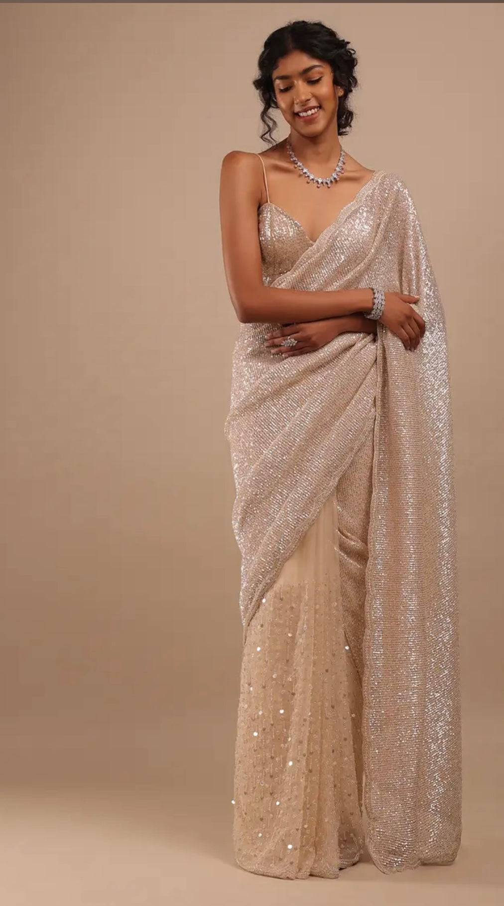 Peach Shimmer Saree In Gold Sequins And Stones Embroidery With Beads And Stones On The Pallu Border