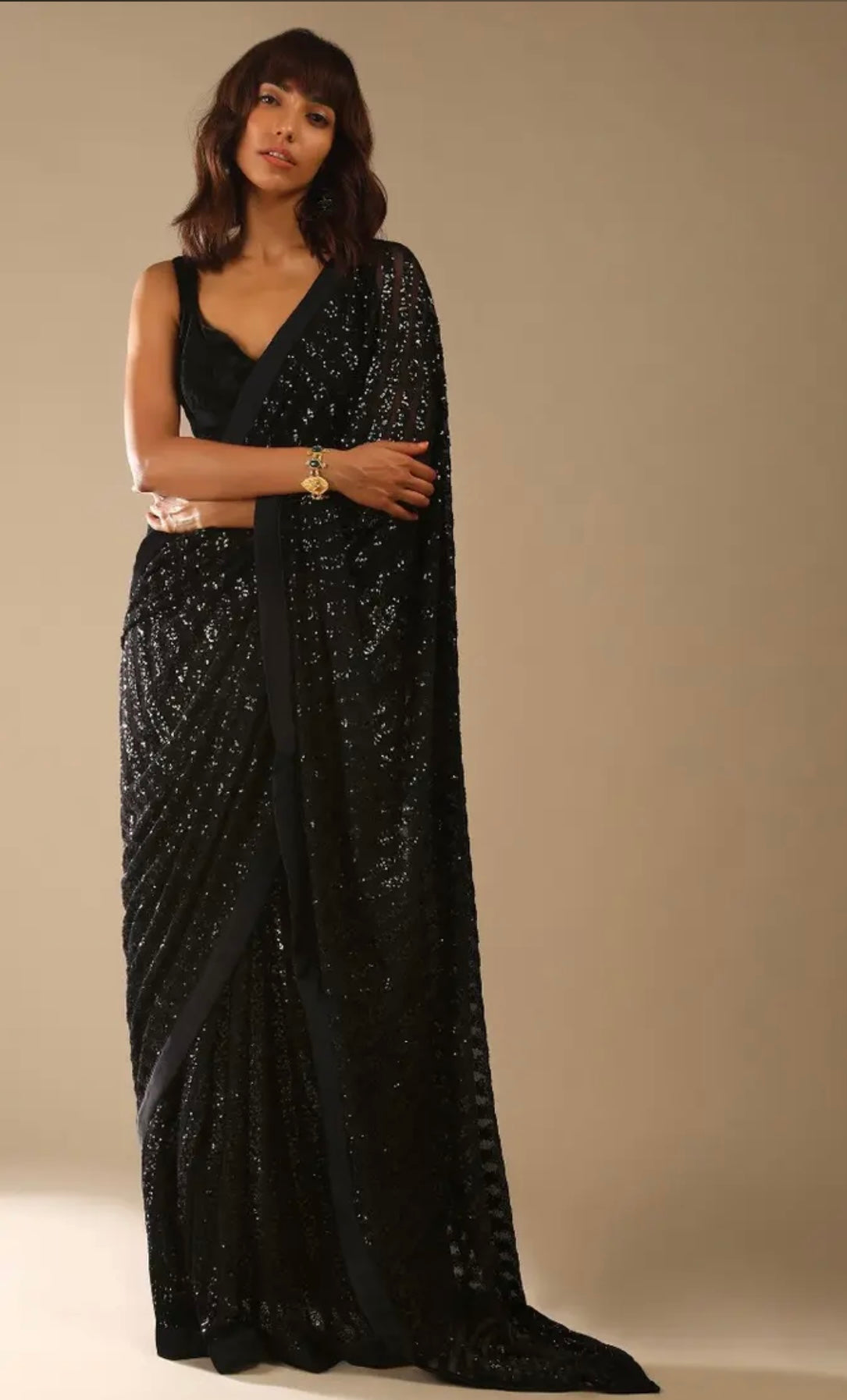 Black Ready Pleated Saree Embellished In Sequins And A Sleeveless Velvet Blouse With A Front Cut Out