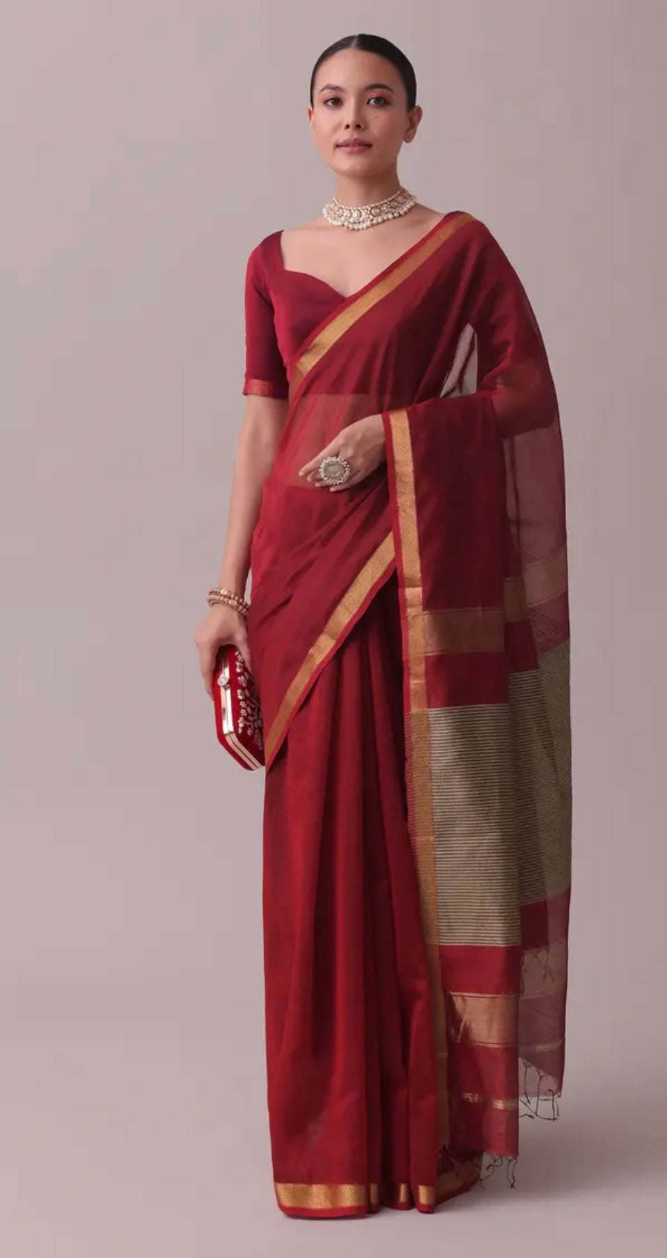 Cherry Red Handloom Chanderi Silk And Cotton Saree With Zari Work