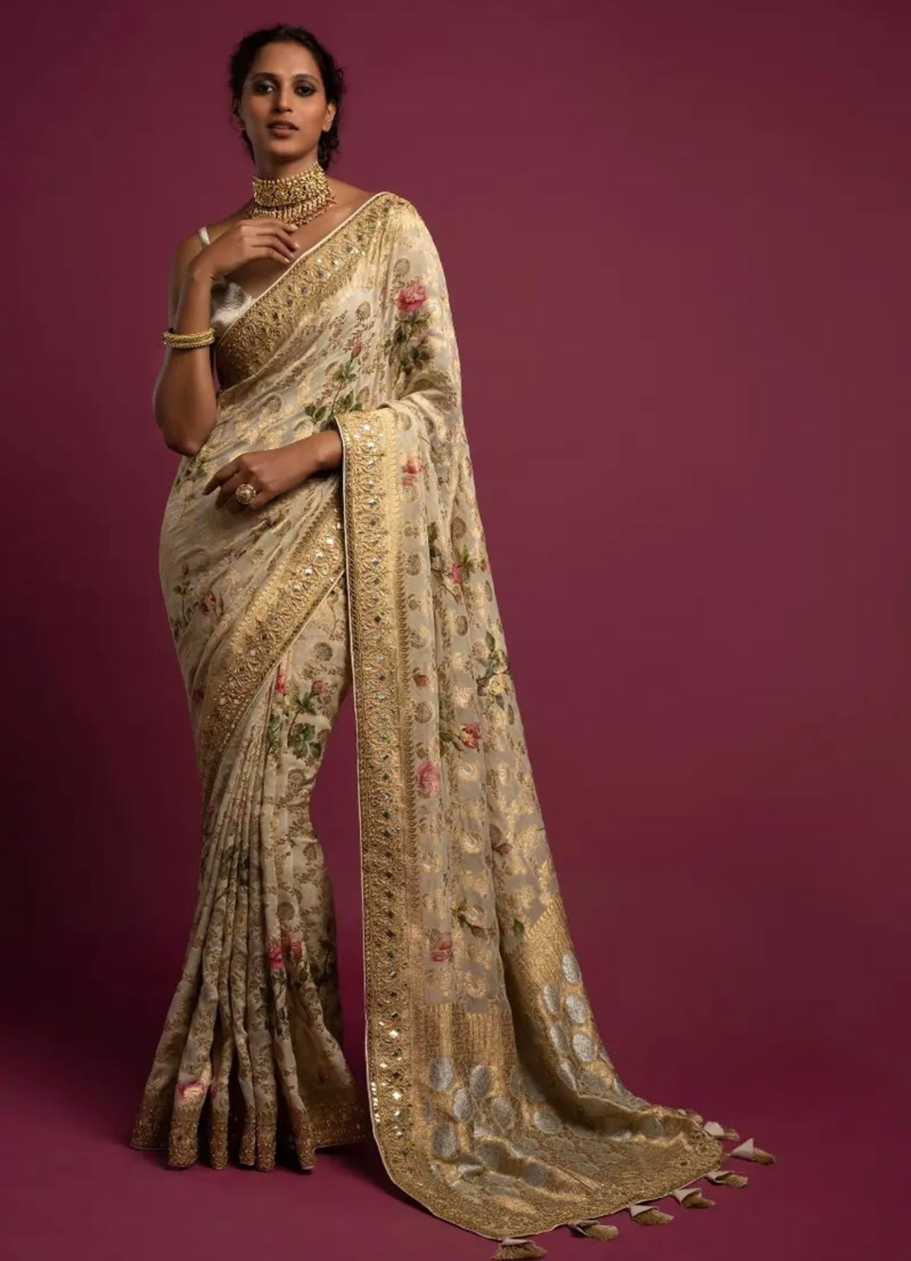 Sand Beige Banarasi Saree In Georgette With Weaved Floral Jaal All Over