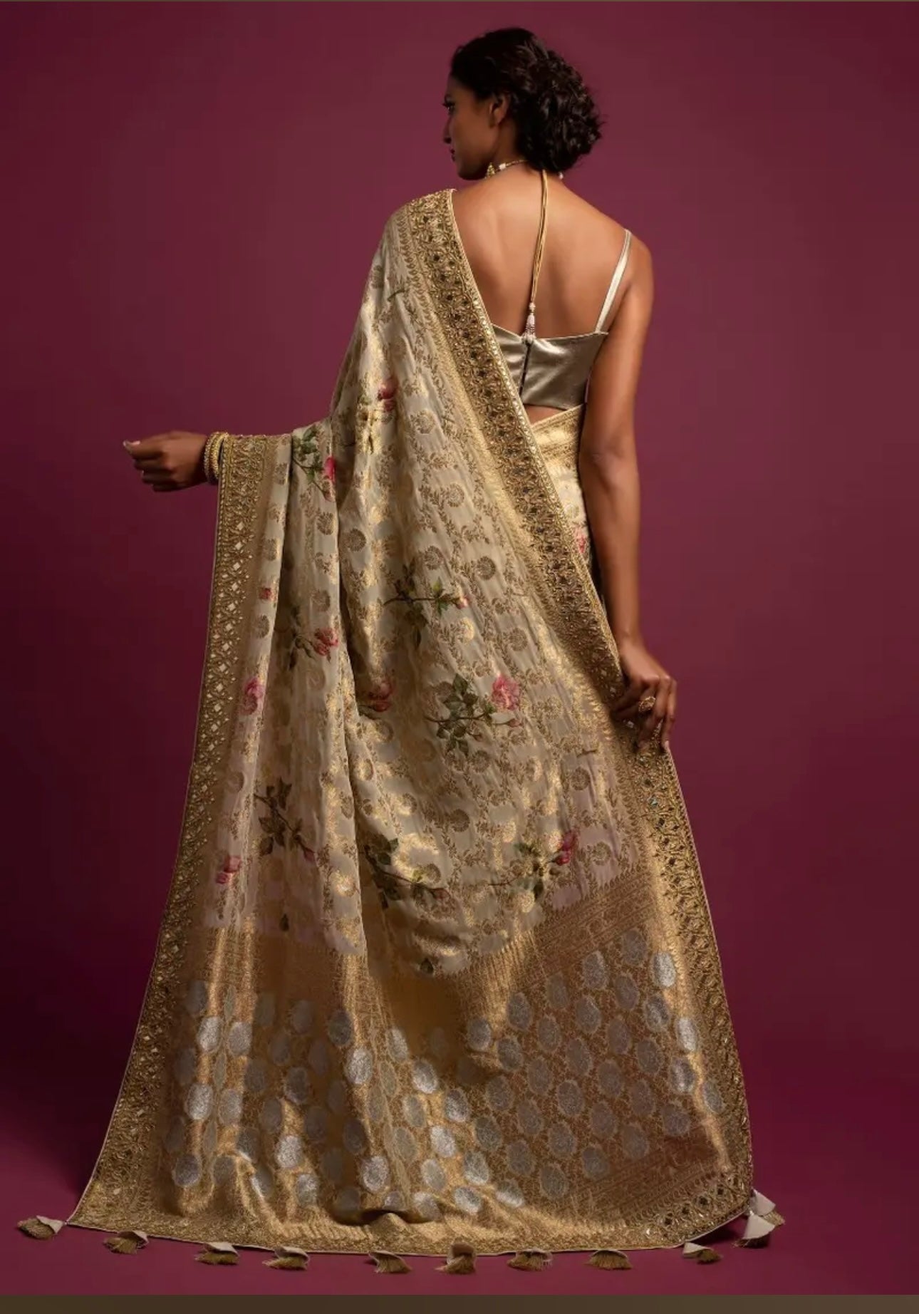 Sand Beige Banarasi Saree In Georgette With Weaved Floral Jaal All Over