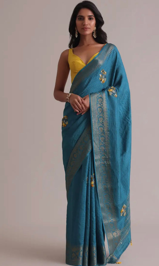 Blue Saree In Georgette Tussar With Brocade, Zari, And Resham 3D Bud Embroidery