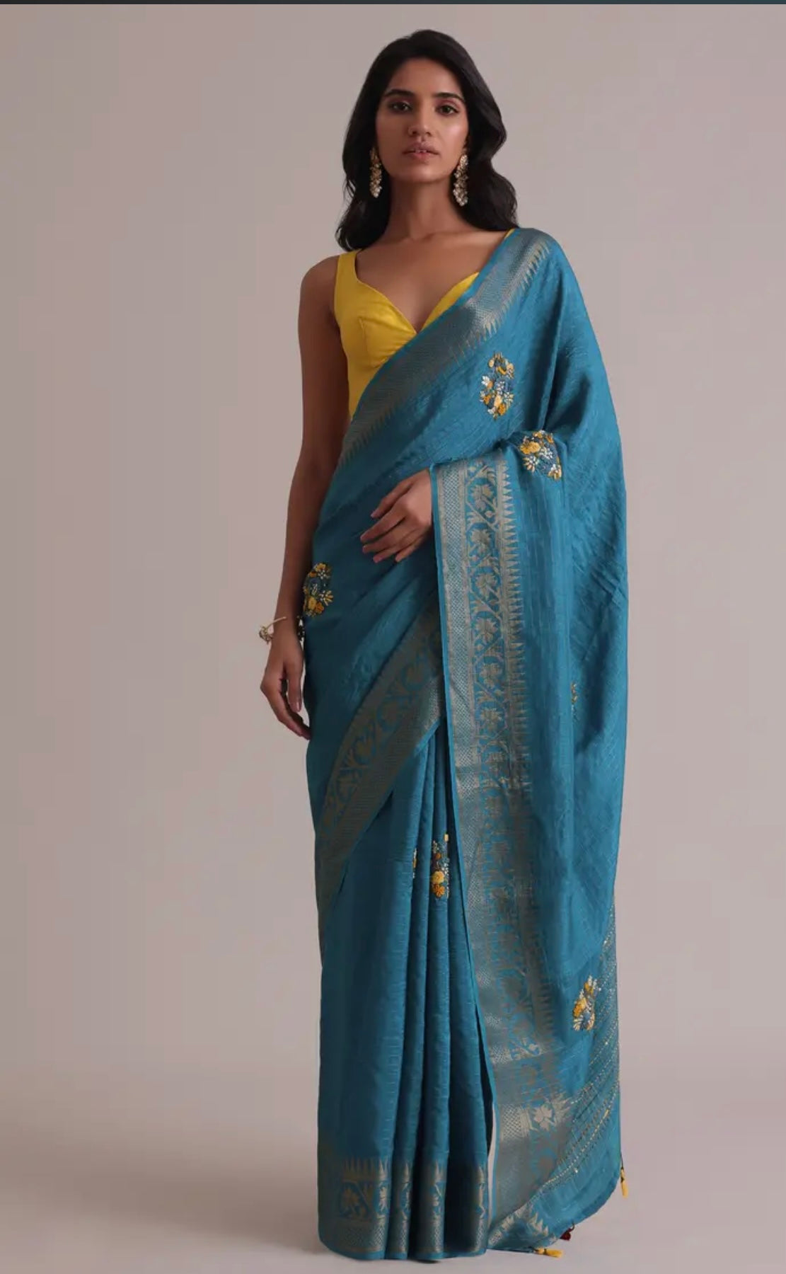 Blue Saree In Georgette Tussar With Brocade, Zari, And Resham 3D Bud Embroidery