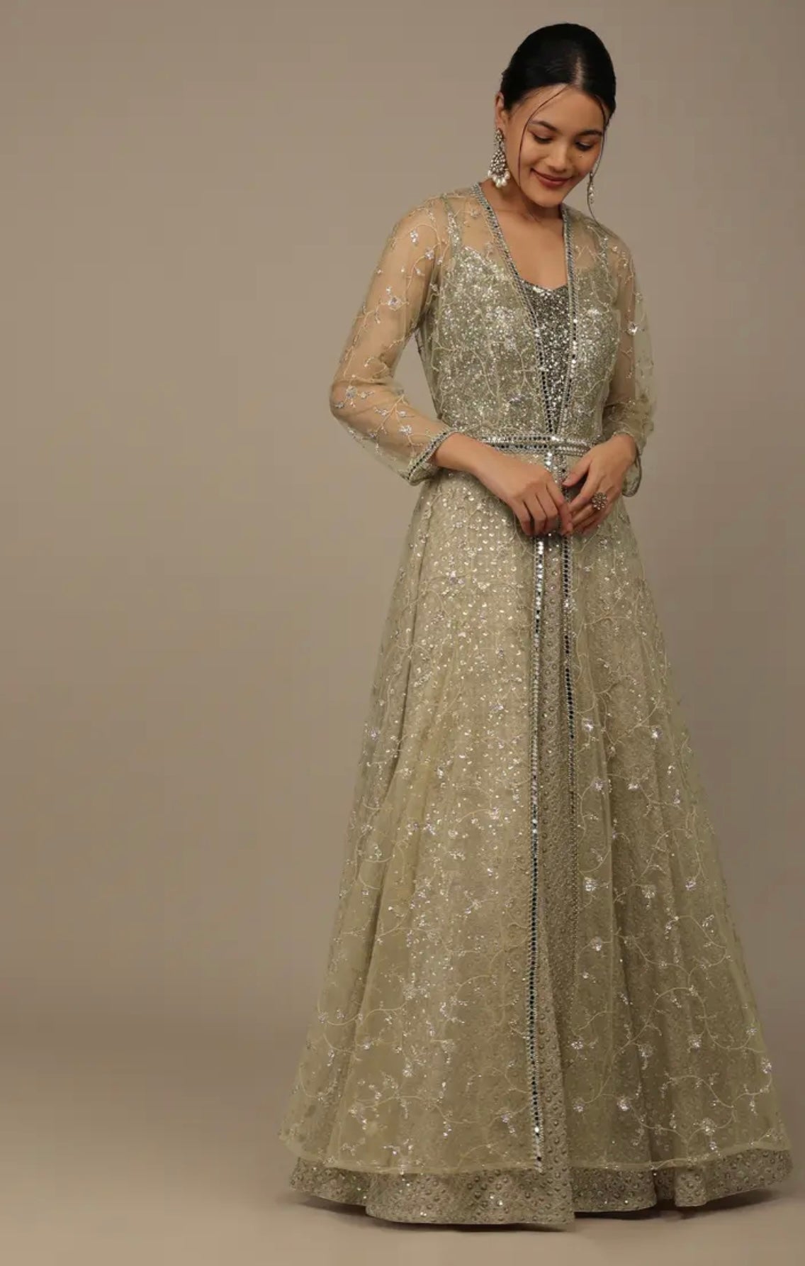 Beige Festive Embroidered Suit Set In Georgette With Net Jacket And Waistbelt