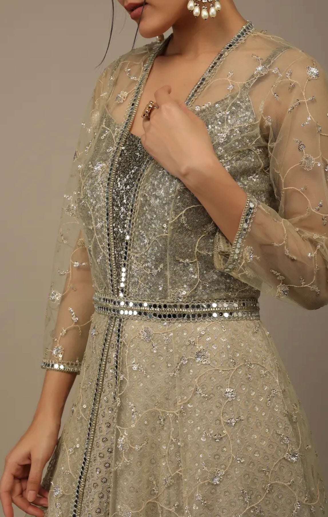 Beige Festive Embroidered Suit Set In Georgette With Net Jacket And Waistbelt