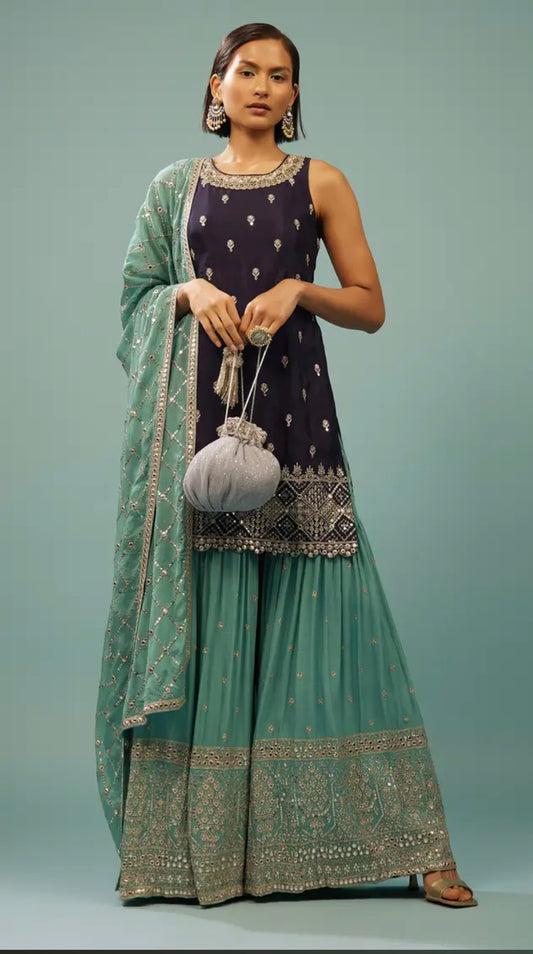 Navy Blue Sharara Suit With Embroidery