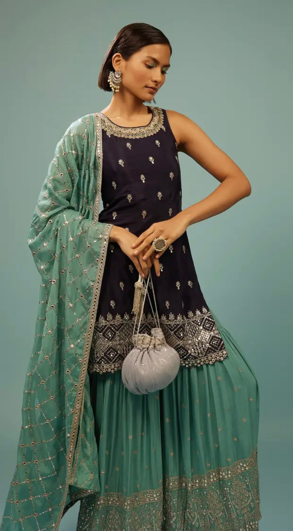 Navy Blue Sharara Suit With Embroidery