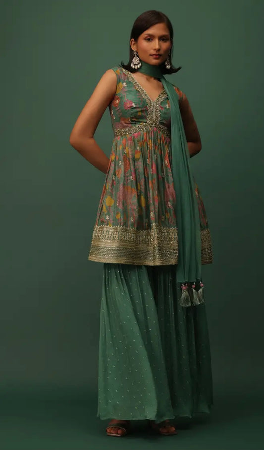 Peacock Green Georgette Sharara And Peplum Top Set With Zari And Cutdana Embroidery