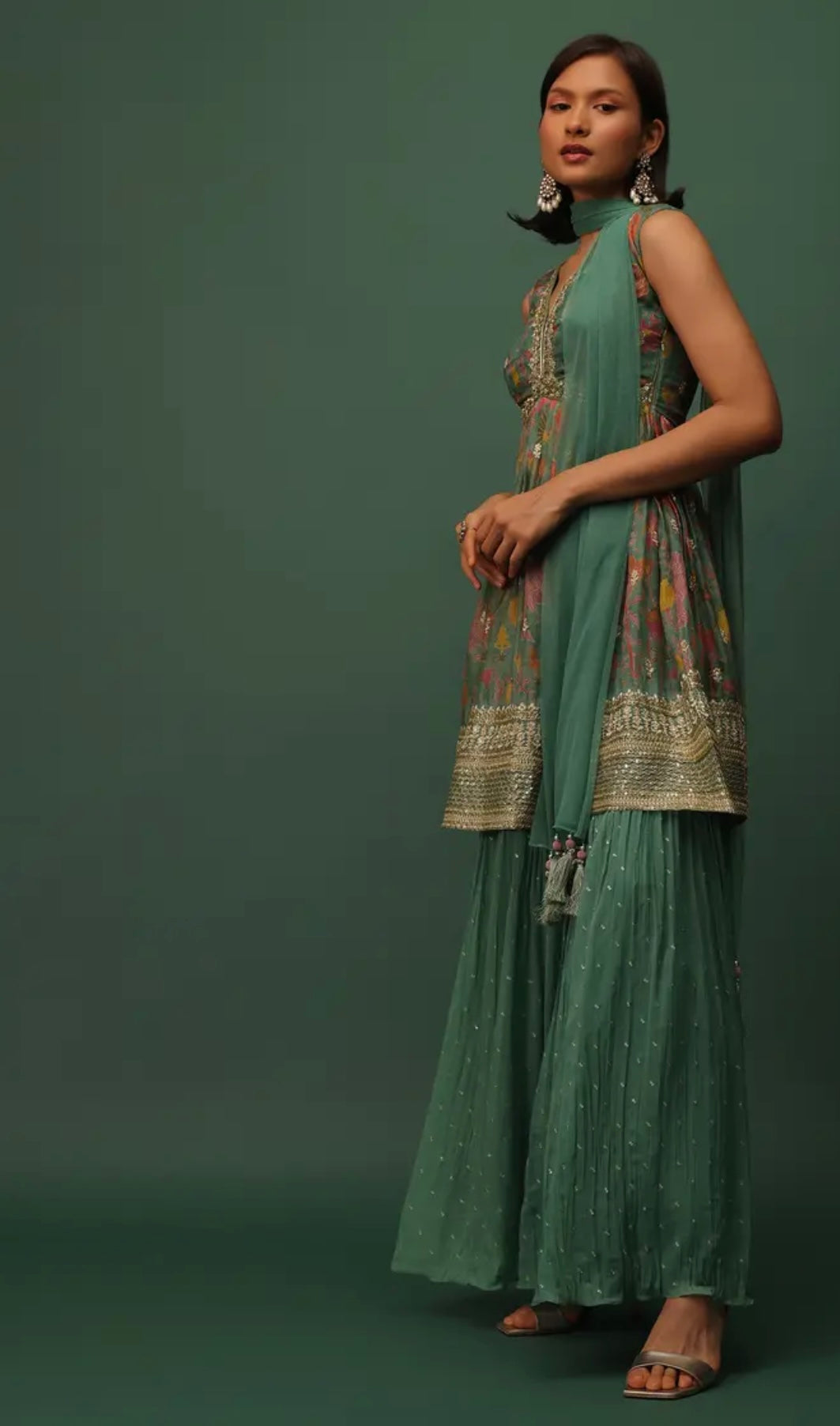 Peacock Green Georgette Sharara And Peplum Top Set With Zari And Cutdana Embroidery