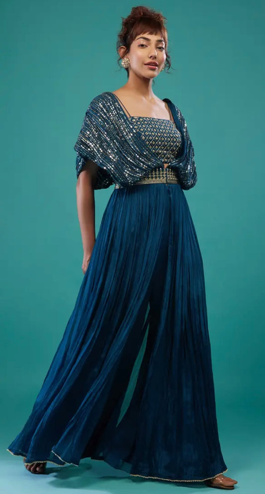 Persian Blue Hand-Embroidered Palazzo Crop-Top Set In Chinon