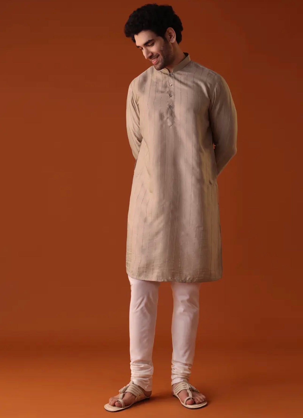 Tan Brown Polyester Kurta With Zari Work Detailing