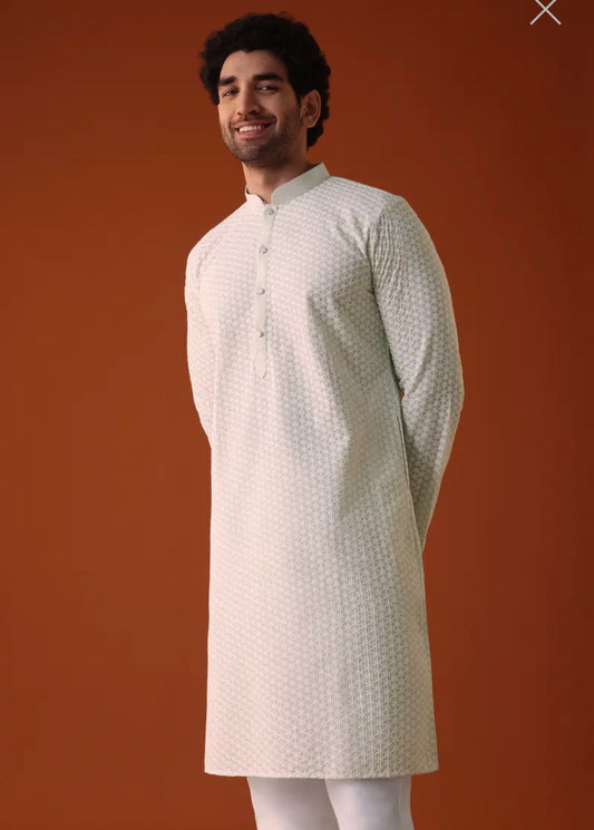 Pista Green Lucknowi Kurta And Churidar Set In Cotton