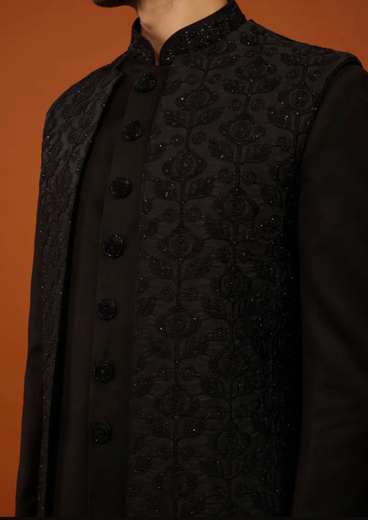 Jet Black Sherwani Set Embroidered In Imported Suiting Fabric