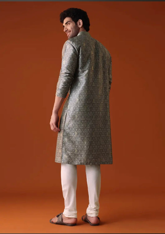 Grey Toned Silk Kurta With Machine Embroidery