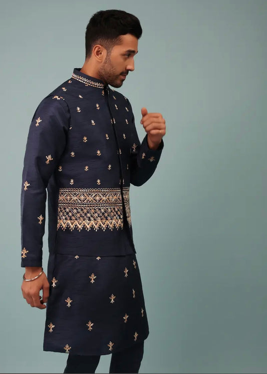 Persian Blue Bandi Jacket Set In Raw Silk With Floral Butti & Aari Embroidery