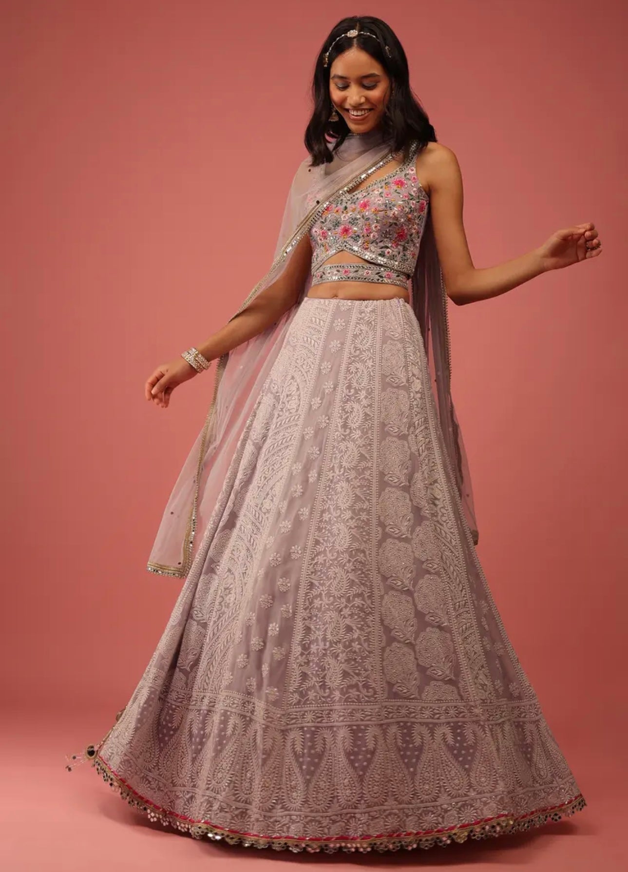 Lavender Purple Lehenga Choli With Lucknowi Thread Work And Multicolor Resham And Mirror Accents