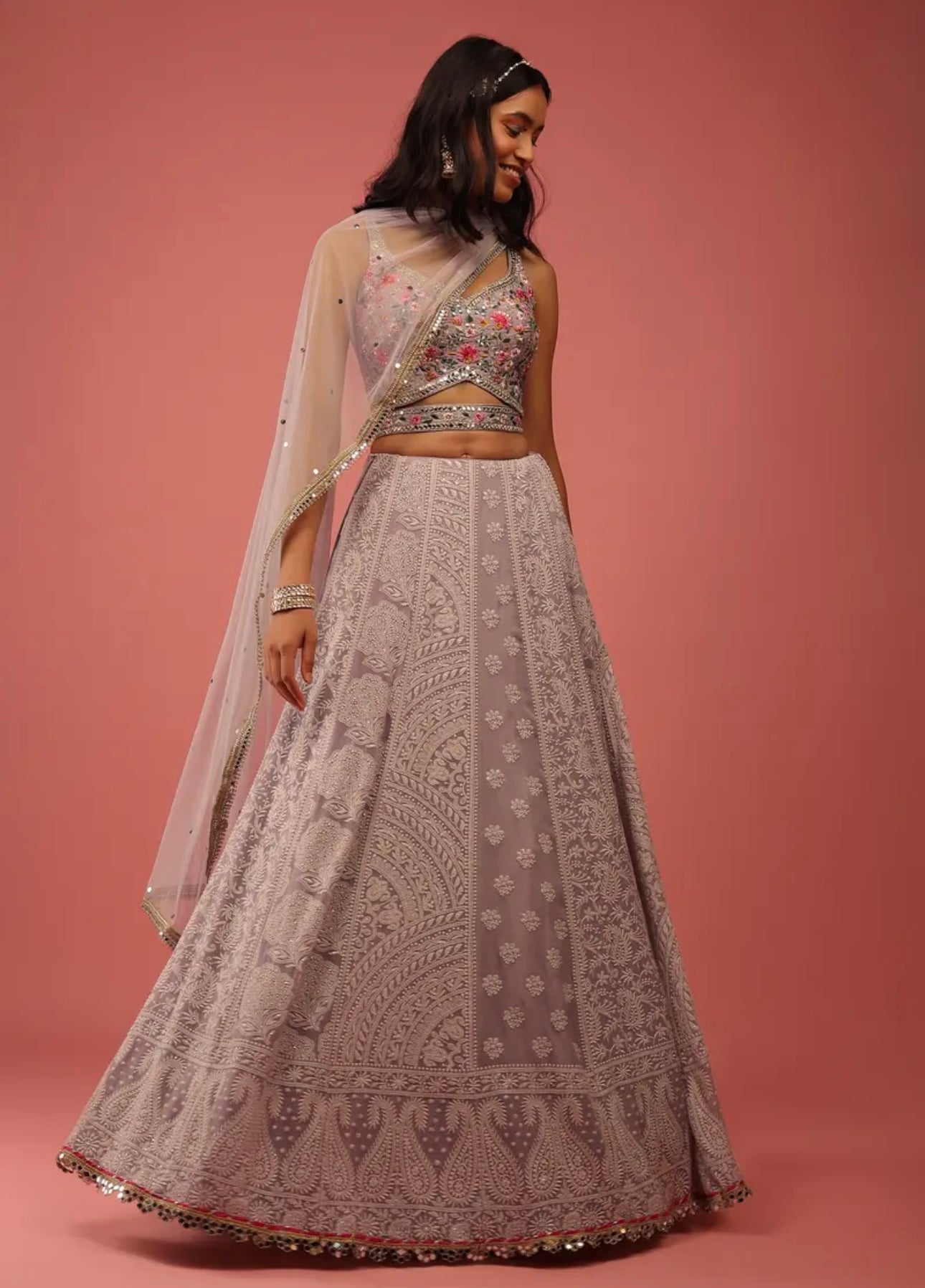 Lavender Purple Lehenga Choli With Lucknowi Thread Work And Multicolor Resham And Mirror Accents