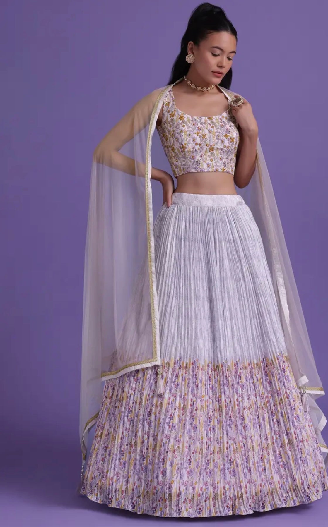 Lavender Purple Floral Printed Lehenga And Blouse Set In Silk